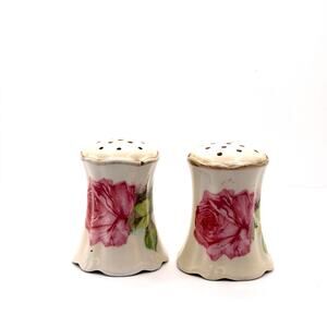 Vintage 1900s O&EG Royal Austria Pink Rose Porcelain Salt Pepper Shakers